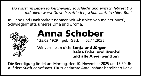 Traueranzeige von Anna Schober von Gesamtausgabe Nürnberger Nachrichten/ Nürnberger Ztg.