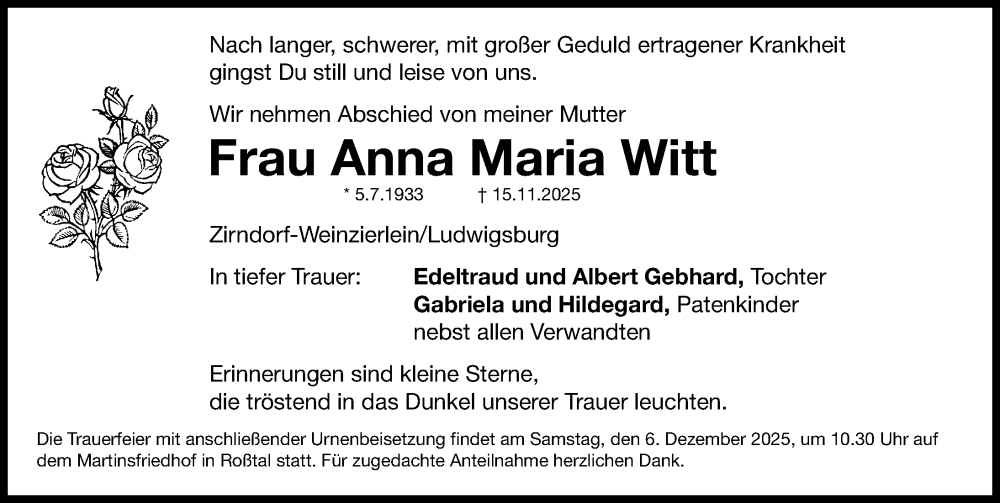  Traueranzeige für Anna Maria Witt vom 29.11.2025 aus Fürther Nachrichten Lokal