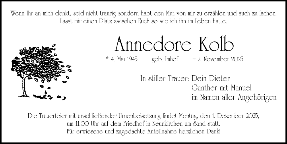  Traueranzeige für Annedore Kolb vom 29.11.2025 aus Gesamtausgabe Nürnberger Nachrichten/ Nürnberger Ztg.