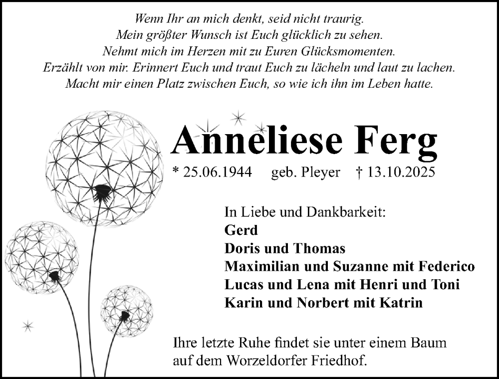 Traueranzeige für Anneliese Ferg vom 08.11.2025 aus Gesamtausgabe Nürnberger Nachrichten/ Nürnberger Ztg.