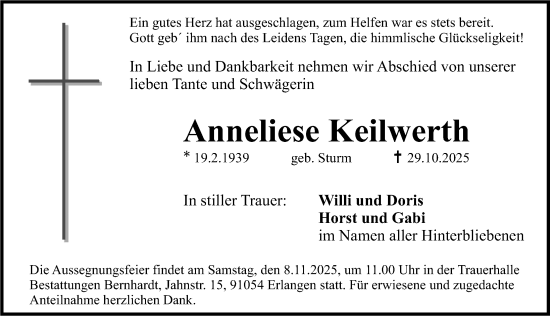 Traueranzeige von Anneliese Keilwerth von Erlanger Nachrichten Lokal