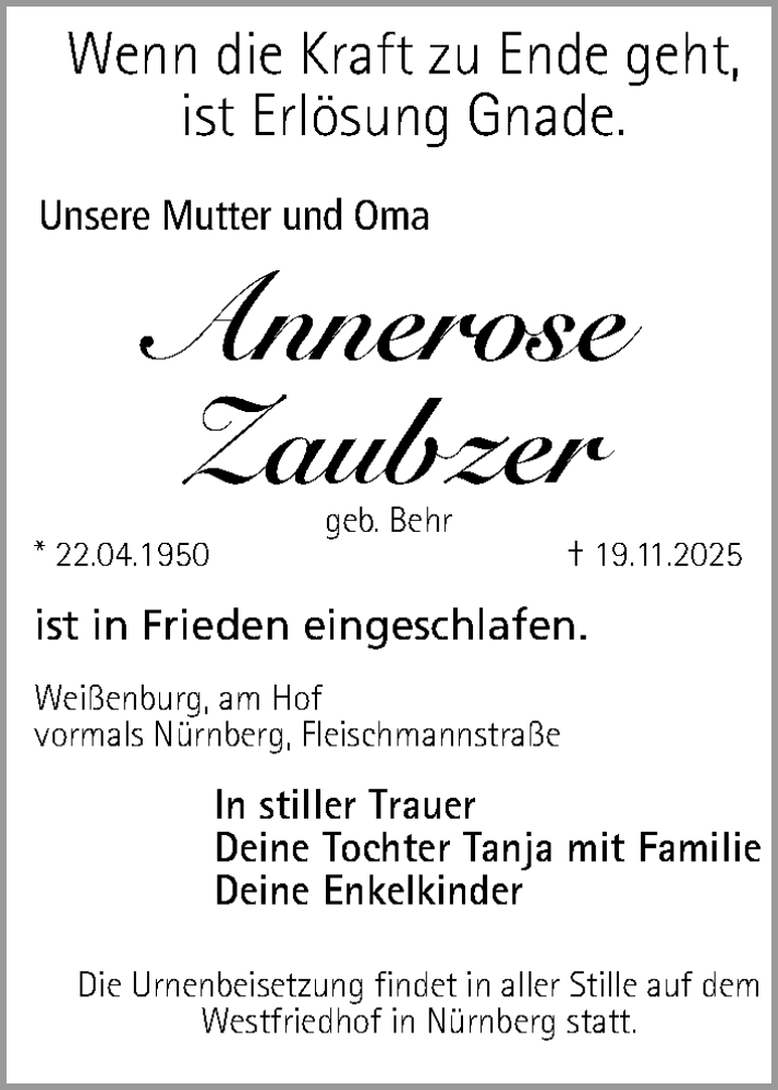  Traueranzeige für Annerose Zaubzer vom 25.11.2025 aus Gesamtausgabe Nürnberger Nachrichten/ Nürnberger Ztg.