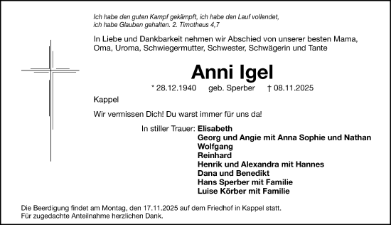 Traueranzeige von Anni Igel von Gesamtausgabe Nürnberger Nachrichten/ Nürnberger Ztg./ Nordbayer. Nachrichten Forchheim