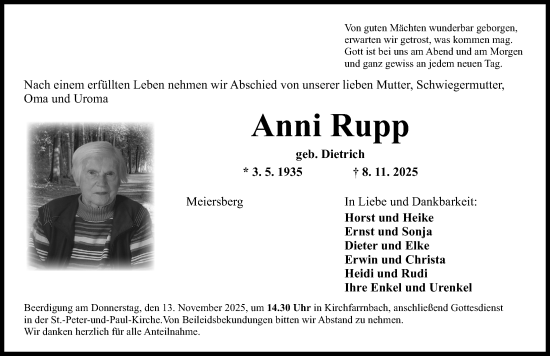 Traueranzeige von Anni Rupp von Fürther Nachrichten Lokal