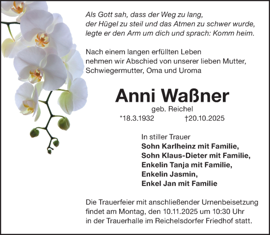Traueranzeige von Anni Waßner von Gesamtausgabe Nürnberger Nachrichten/ Nürnberger Ztg.