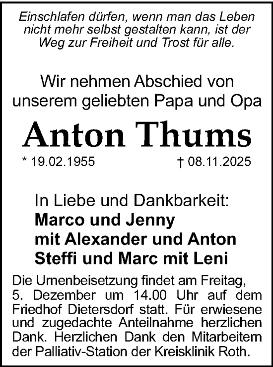 Traueranzeige von Anton Thums von Gesamtausgabe Nürnberger Nachrichten/ Nürnberger Ztg.