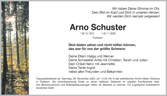 Traueranzeige von Arno Schuster von Neumarkter Nachrichten Lokal