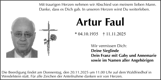 Traueranzeige von Artur Faul von Gesamtausgabe Nürnberger Nachrichten/ Nürnberger Ztg.