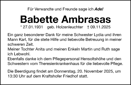 Traueranzeige von Babette Ambrasas von Gesamtausgabe Nürnberger Nachrichten/ Nürnberger Ztg.