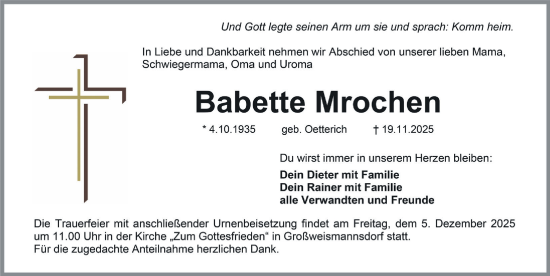 Traueranzeige von Babette Mrochen von Gesamtausgabe Nürnberger Nachrichten/ Nürnberger Ztg.