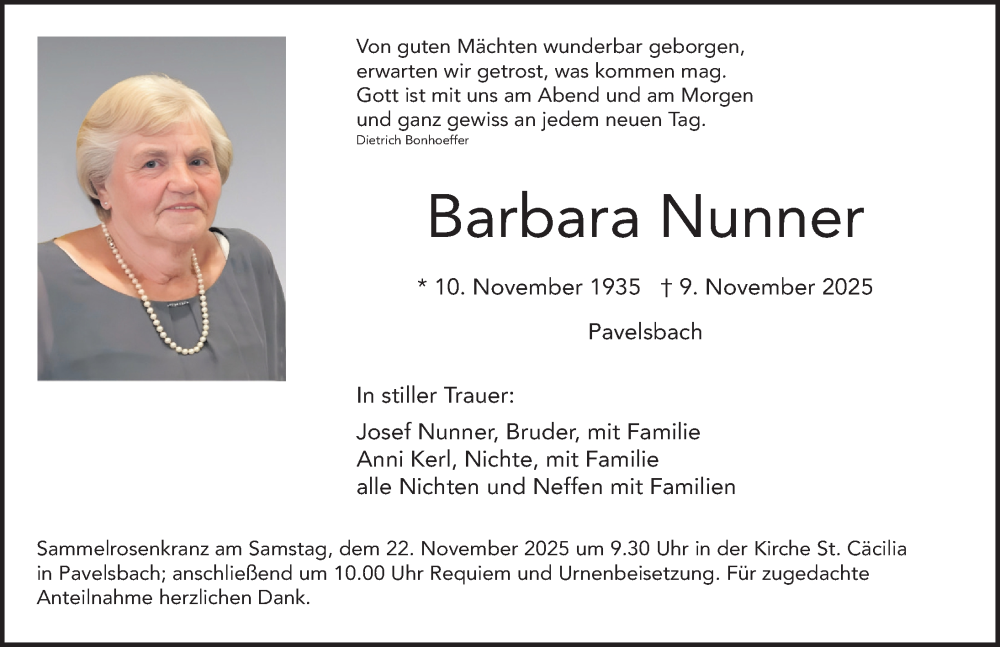 Traueranzeige für Barbara Nunner vom 20.11.2025 aus Neumarkter Nachrichten Lokal
