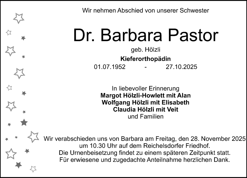  Traueranzeige für Barbara Pastor vom 22.11.2025 aus Gesamtausgabe Nürnberger Nachrichten/ Nürnberger Ztg.