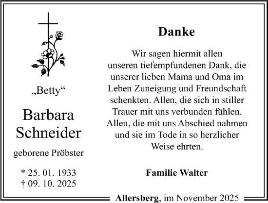 Traueranzeige von Barbara Schneider von Roth-Hilpoltsteiner Volkszeitung Lokal