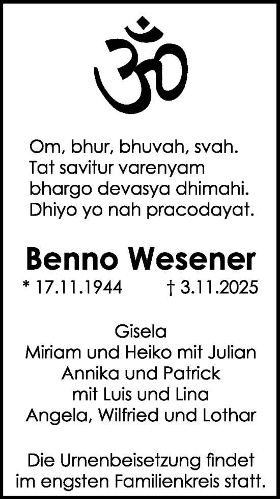 Traueranzeige von Benno Wesener von Gesamtausgabe Nürnberger Nachrichten/ Nürnberger Ztg.