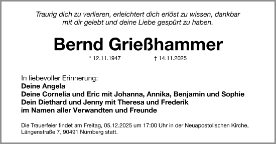 Traueranzeige von Bernd Grießhammer von Gesamtausgabe Nürnberger Nachrichten/ Nürnberger Ztg.