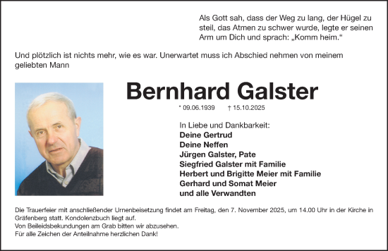 Traueranzeige von Bernhard Galster von Nordbayerische Nachrichten Forchheim Lokal