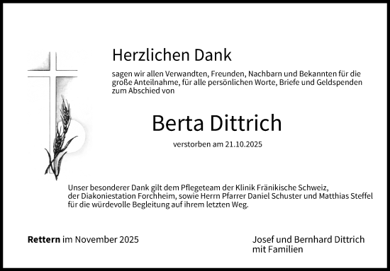 Traueranzeige von Berta Dittrich von Nordbayerische Nachrichten Forchheim Lokal