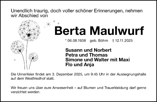 Traueranzeige von Berta Maulwurf von Gesamtausgabe Nürnberger Nachrichten/ Nürnberger Ztg.