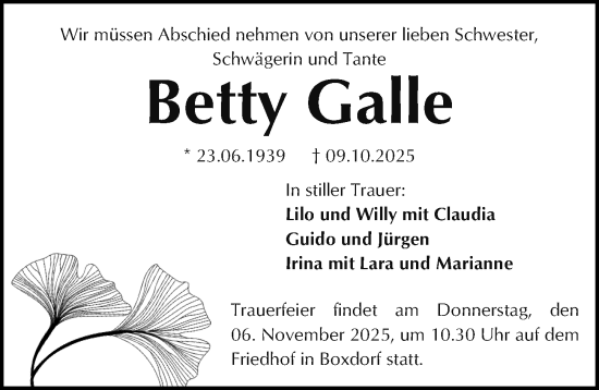 Traueranzeige von Betty Galle von Gesamtausgabe Nürnberger Nachrichten/ Nürnberger Ztg.
