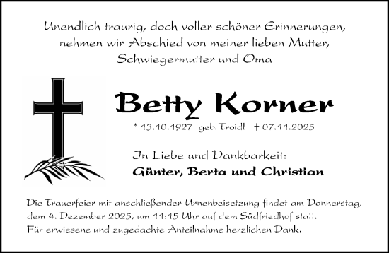Traueranzeige von Betty Korner von Gesamtausgabe Nürnberger Nachrichten/ Nürnberger Ztg.