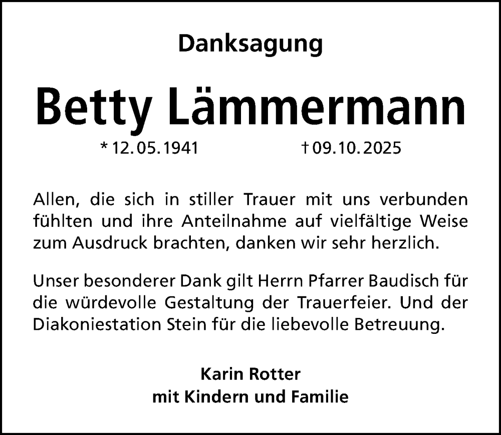  Traueranzeige für Betty Lämmermann vom 08.11.2025 aus Gesamtausgabe Nürnberger Nachrichten/ Nürnberger Ztg.