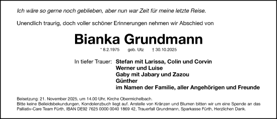 Traueranzeige von Bianka Grundmann von Fürther Nachrichten Lokal