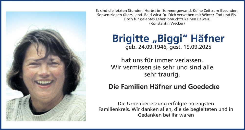  Traueranzeige für Brigitte Häfner vom 15.11.2025 aus Gesamtausgabe Nürnberger Nachrichten/ Nürnberger Ztg.
