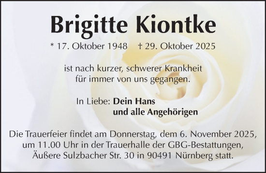 Traueranzeige von Brigitte Kiontke von Gesamtausgabe Nürnberger Nachrichten/ Nürnberger Ztg.