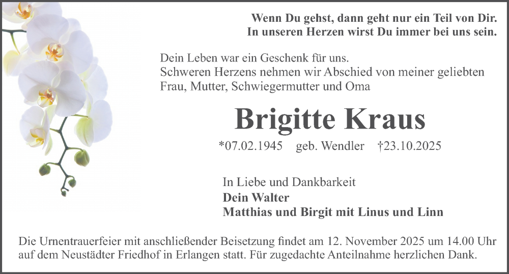  Traueranzeige für Brigitte Kraus vom 08.11.2025 aus Erlanger Nachrichten Lokal