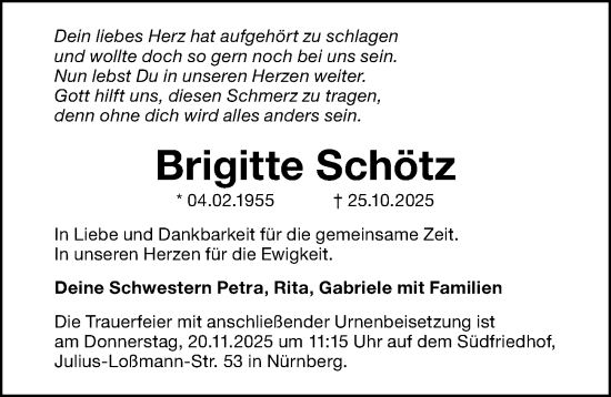 Traueranzeige von Brigitte Schötz von Gesamtausgabe Nürnberger Nachrichten/ Nürnberger Ztg.