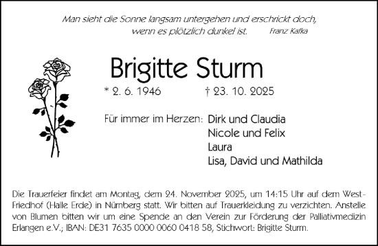 Traueranzeige von Brigitte Sturm von Gesamtausgabe Nürnberger Nachrichten/ Nürnberger Ztg.