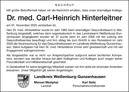 Traueranzeige von Carl-Heinrich Hinterleitner von Altmühl-Bote Lokal