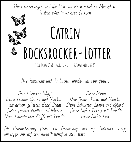 Traueranzeige von Catrin Bocksrocker-Lotter von Gesamtausgabe Nürnberger Nachrichten/ Nürnberger Ztg.