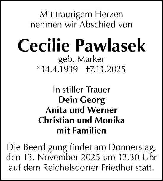 Traueranzeige von Cecilie Pawlasek von Gesamtausgabe Nürnberger Nachrichten/ Nürnberger Ztg.