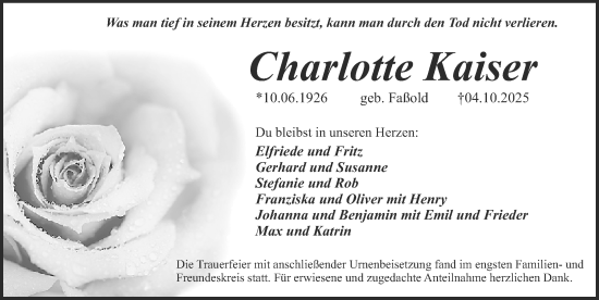 Traueranzeige von Charlotte Kaiser von Erlanger Nachrichten Lokal