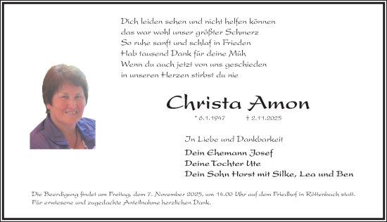 Traueranzeige von Christa Amon von Nordbayerische Nachrichten Herzogenaurach Lokal
