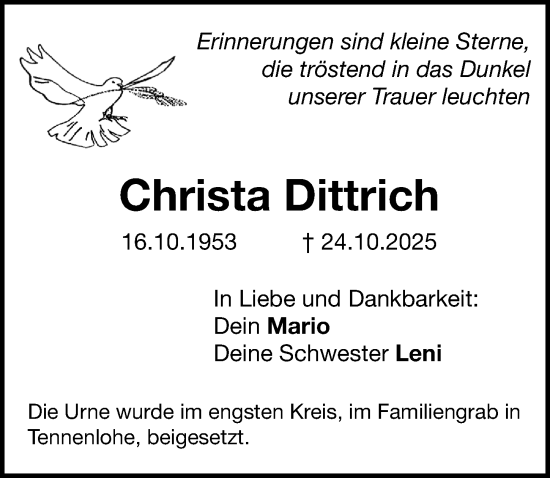 Traueranzeige von Christa Dittrich von Erlanger Nachrichten Lokal
