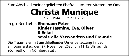 Traueranzeige von Christa Munique von Gesamtausgabe Nürnberger Nachrichten/ Nürnberger Ztg.