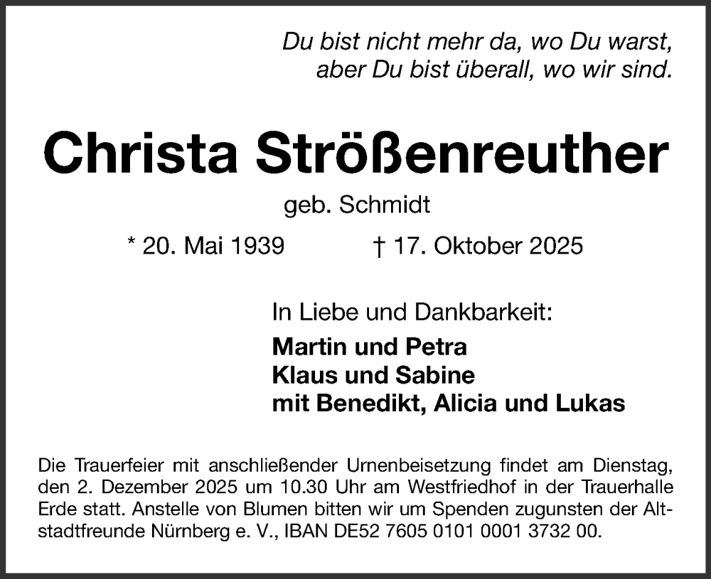  Traueranzeige für Christa Strößenreuther vom 22.11.2025 aus Gesamtausgabe Nürnberger Nachrichten/ Nürnberger Ztg.