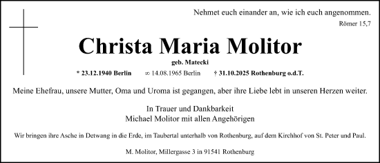 Traueranzeige von Christa Maria Molitor von Erlanger Nachrichten Lokal