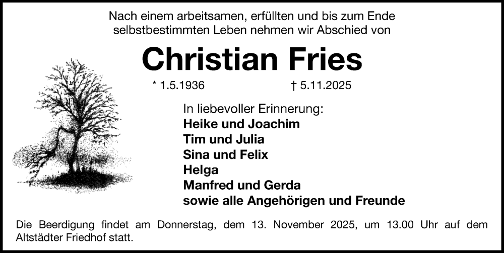  Traueranzeige für Christian Fries vom 08.11.2025 aus Erlanger Nachrichten Lokal