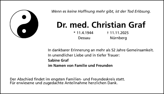 Traueranzeige von Christian Graf von Gesamtausgabe Nürnberger Nachrichten/ Nürnberger Ztg.