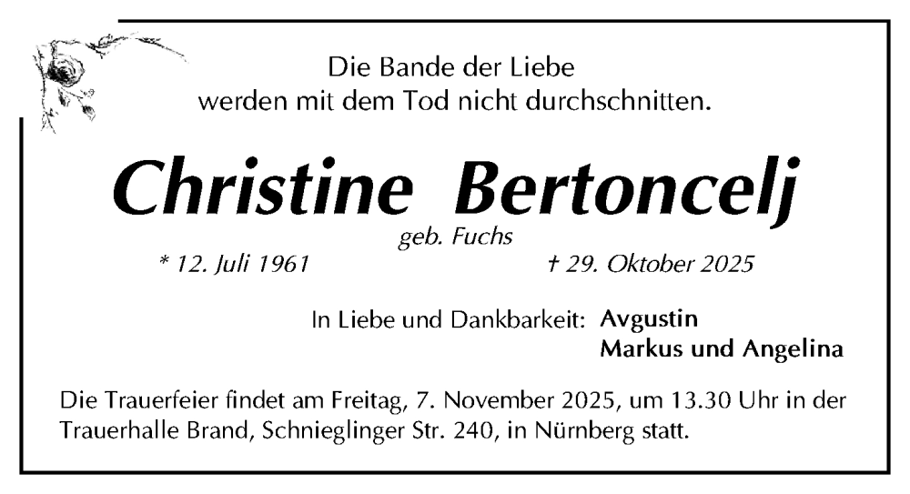  Traueranzeige für Christine Bertoncelj vom 03.11.2025 aus Gesamtausgabe Nürnberger Nachrichten/ Nürnberger Ztg.