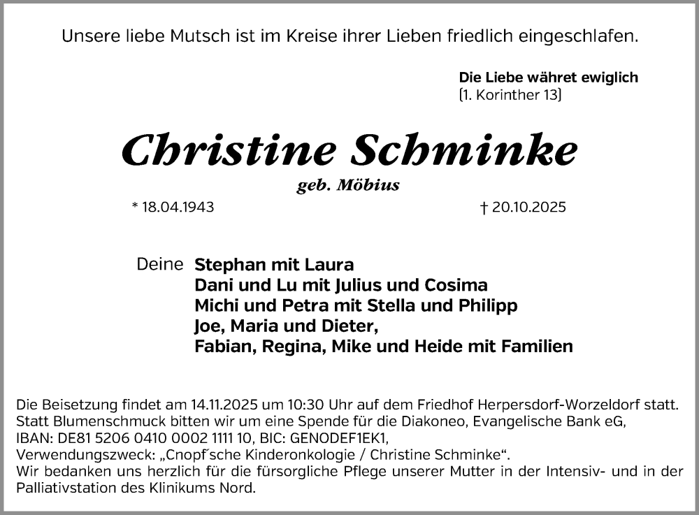  Traueranzeige für Christine Schminke vom 08.11.2025 aus Gesamtausgabe Nürnberger Nachrichten/ Nürnberger Ztg.