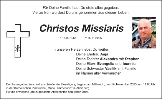 Traueranzeige von Christos Missiaris von Roth-Hilpoltsteiner Volkszeitung Lokal