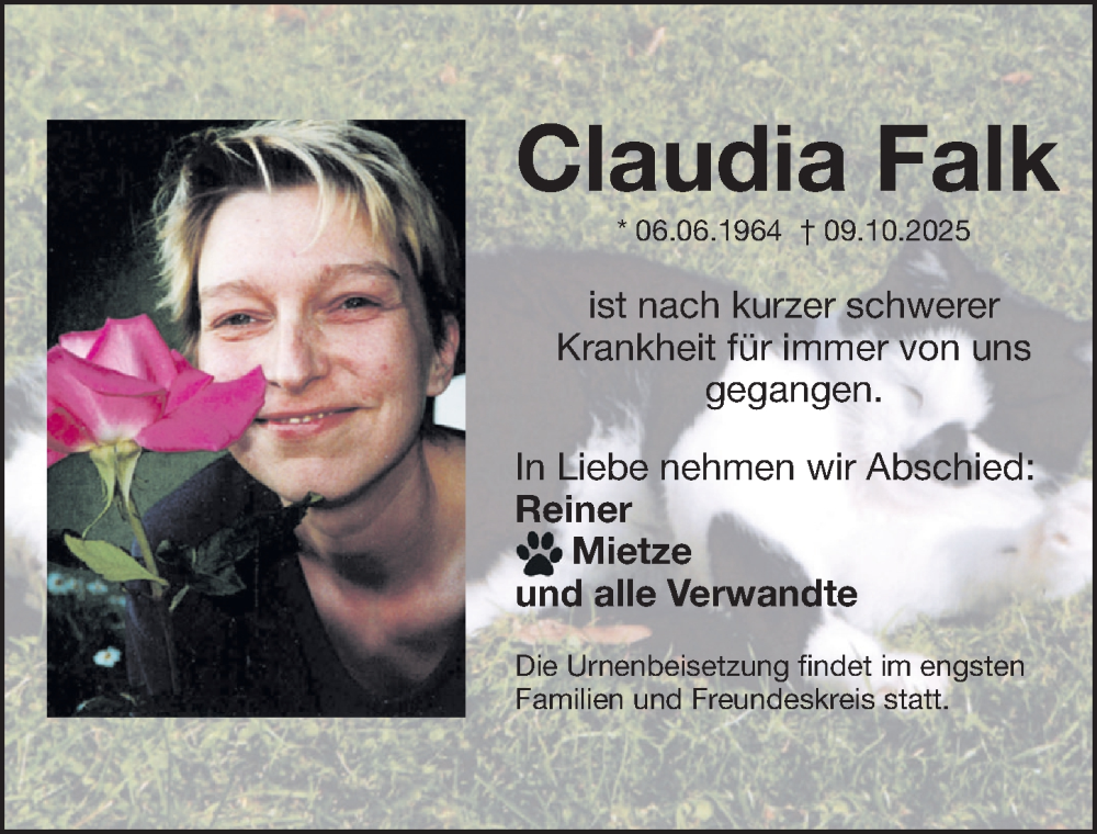  Traueranzeige für Claudia Falk vom 15.11.2025 aus Gesamtausgabe Nürnberger Nachrichten/ Nürnberger Ztg.