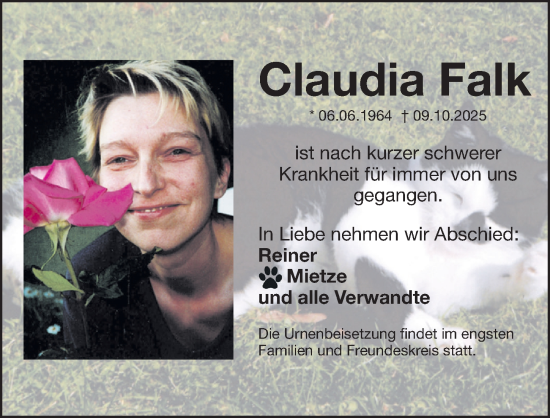 Traueranzeige von Claudia Falk von Gesamtausgabe Nürnberger Nachrichten/ Nürnberger Ztg.
