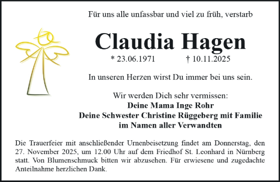 Traueranzeige von Claudia Hagen von Gesamtausgabe Nürnberger Nachrichten/ Nürnberger Ztg.