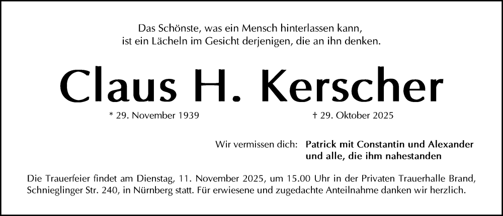  Traueranzeige für Claus Kerscher vom 08.11.2025 aus Gesamtausgabe Nürnberger Nachrichten/ Nürnberger Ztg.