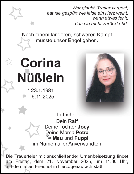 Traueranzeige von Corina Nüßlein von Erlanger Nachrichten Lokal